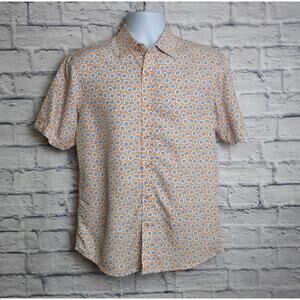 Age of Wisdom Mens Small Short Sleeve Orange Blue Patterned Button Down Shirt